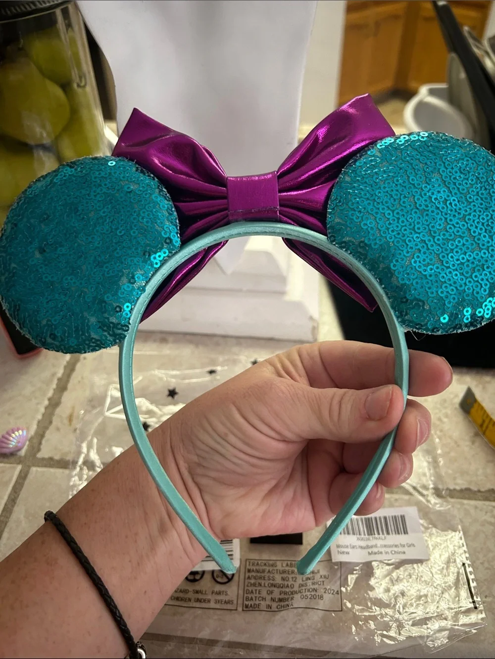 Disney Kids Sequin Teal Mermaid Ear Headband with Metallic Magenta Bow